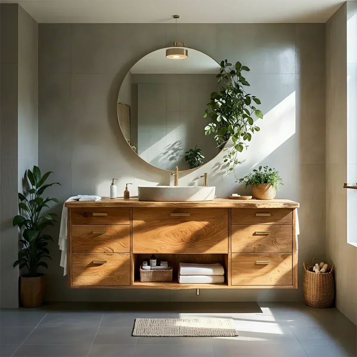 Solid Wood Double Floating Vanity with Stone Basin - Woodenecho