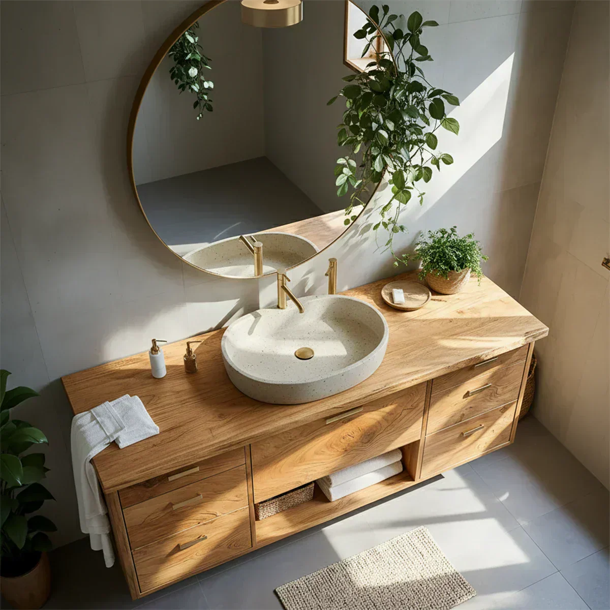 Solid Wood Double Floating Vanity with Stone Basin - Woodenecho