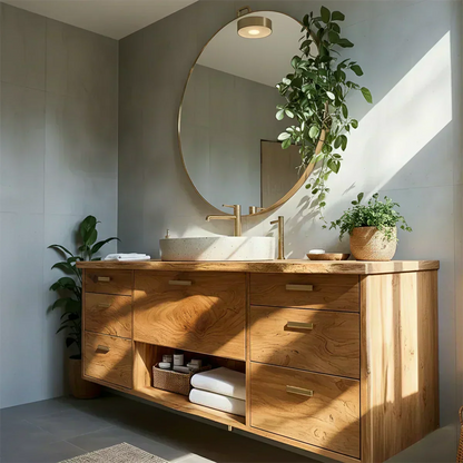 Solid Wood Double Floating Vanity with Stone Basin - Woodenecho