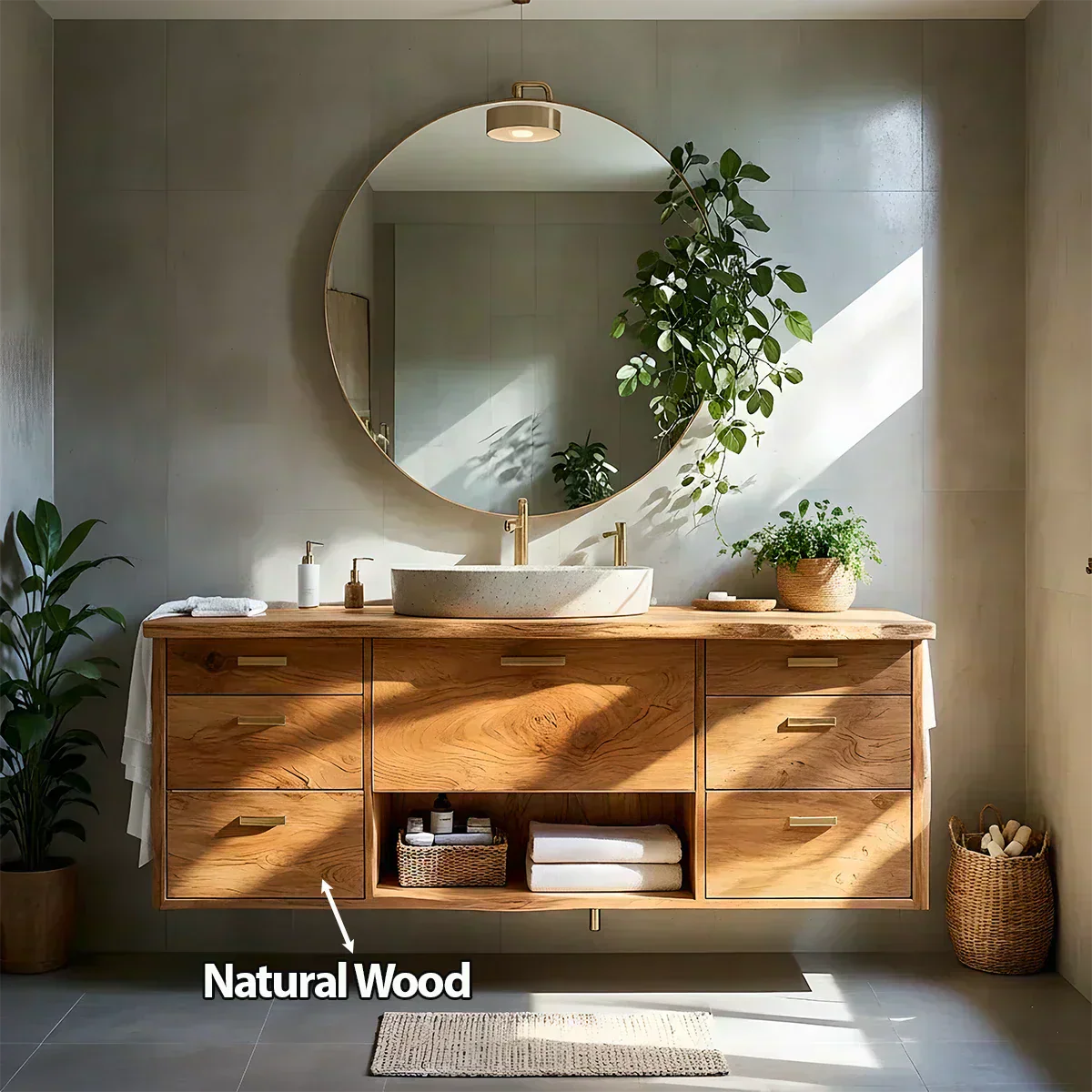 Solid Wood Double Floating Vanity with Stone Basin - Woodenecho