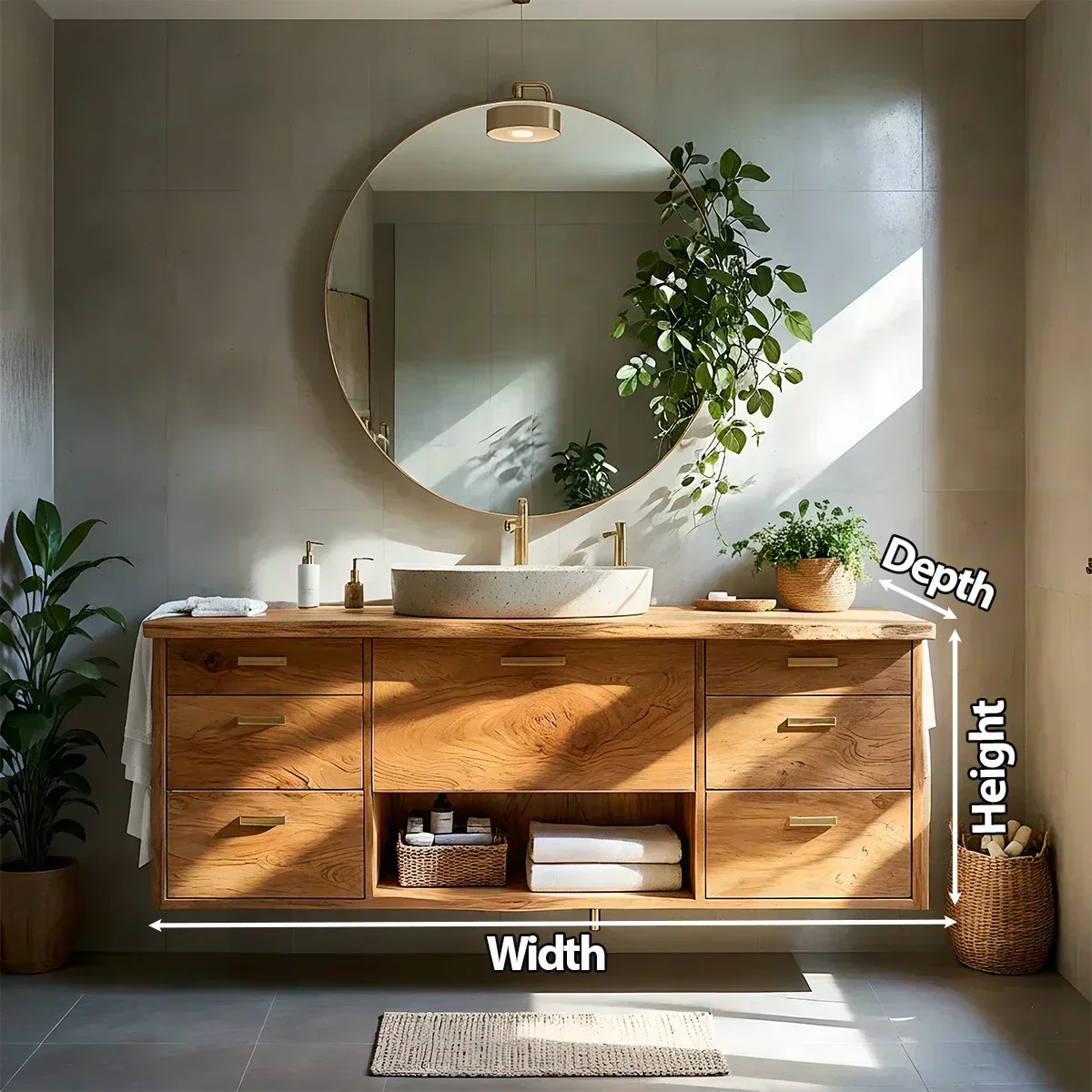 Solid Wood Double Floating Vanity with Stone Basin - Woodenecho