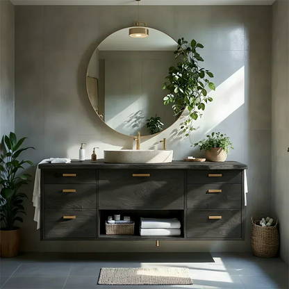 Solid Wood Double Floating Vanity with Stone Basin - Woodenecho