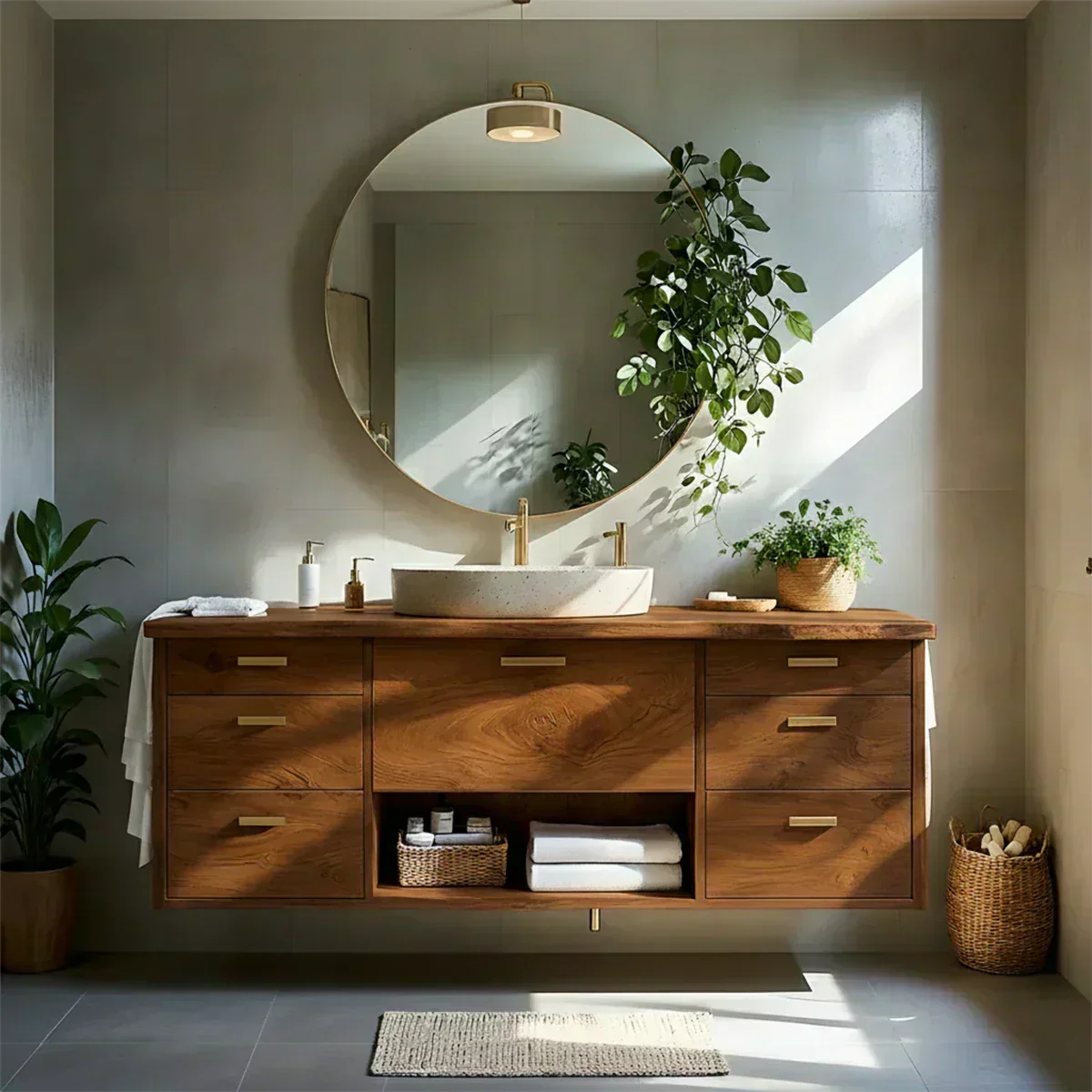 Solid Wood Double Floating Vanity with Stone Basin - Woodenecho