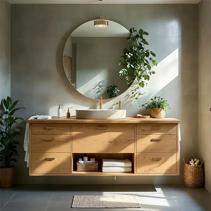 Solid Wood Double Floating Vanity with Stone Basin - Woodenecho