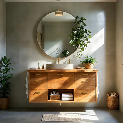 Solid Wood Double Floating Vanity with Stone Basin - Woodenecho