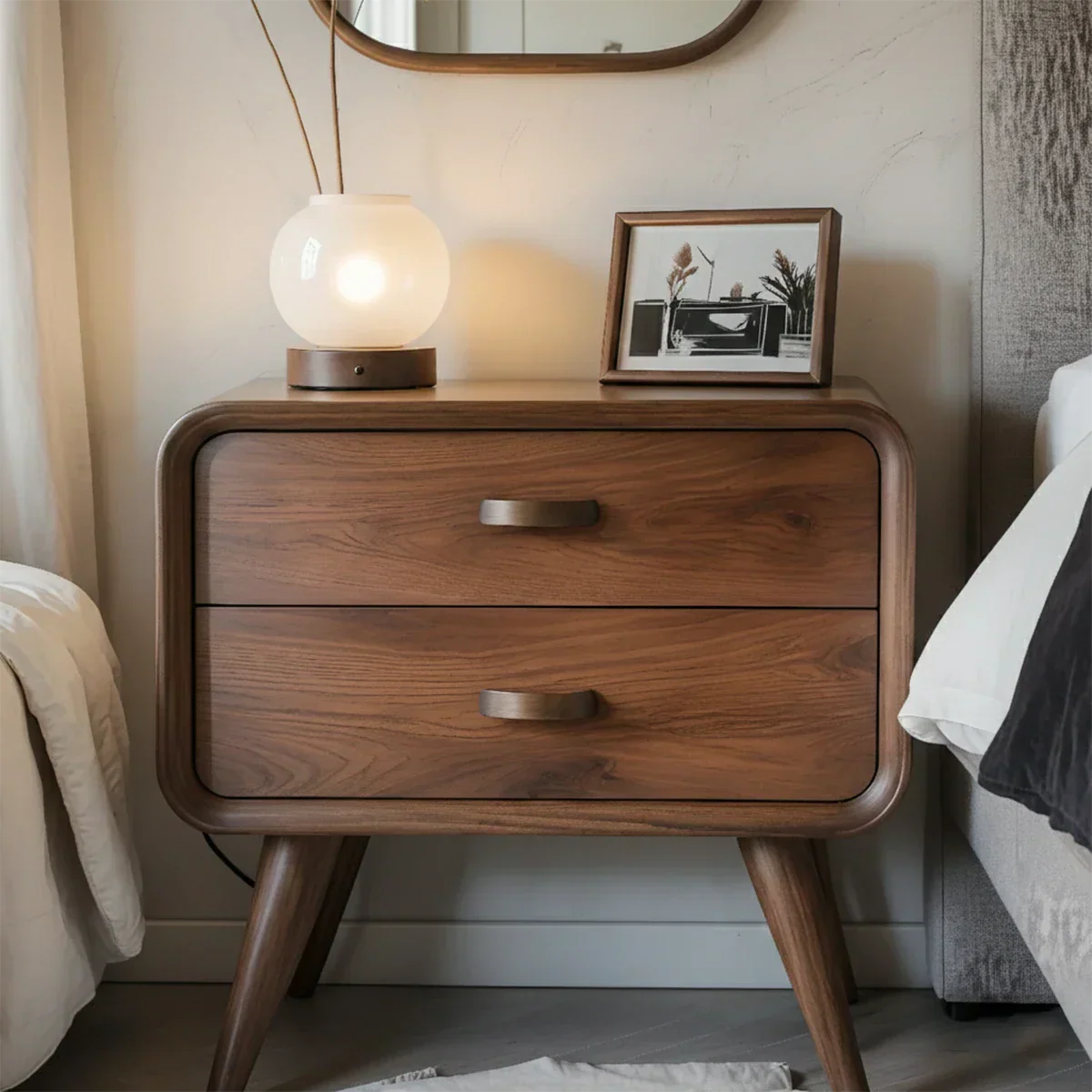 Solid Wood Mid-Century Nightstand with Two Drawers - Rustirawood