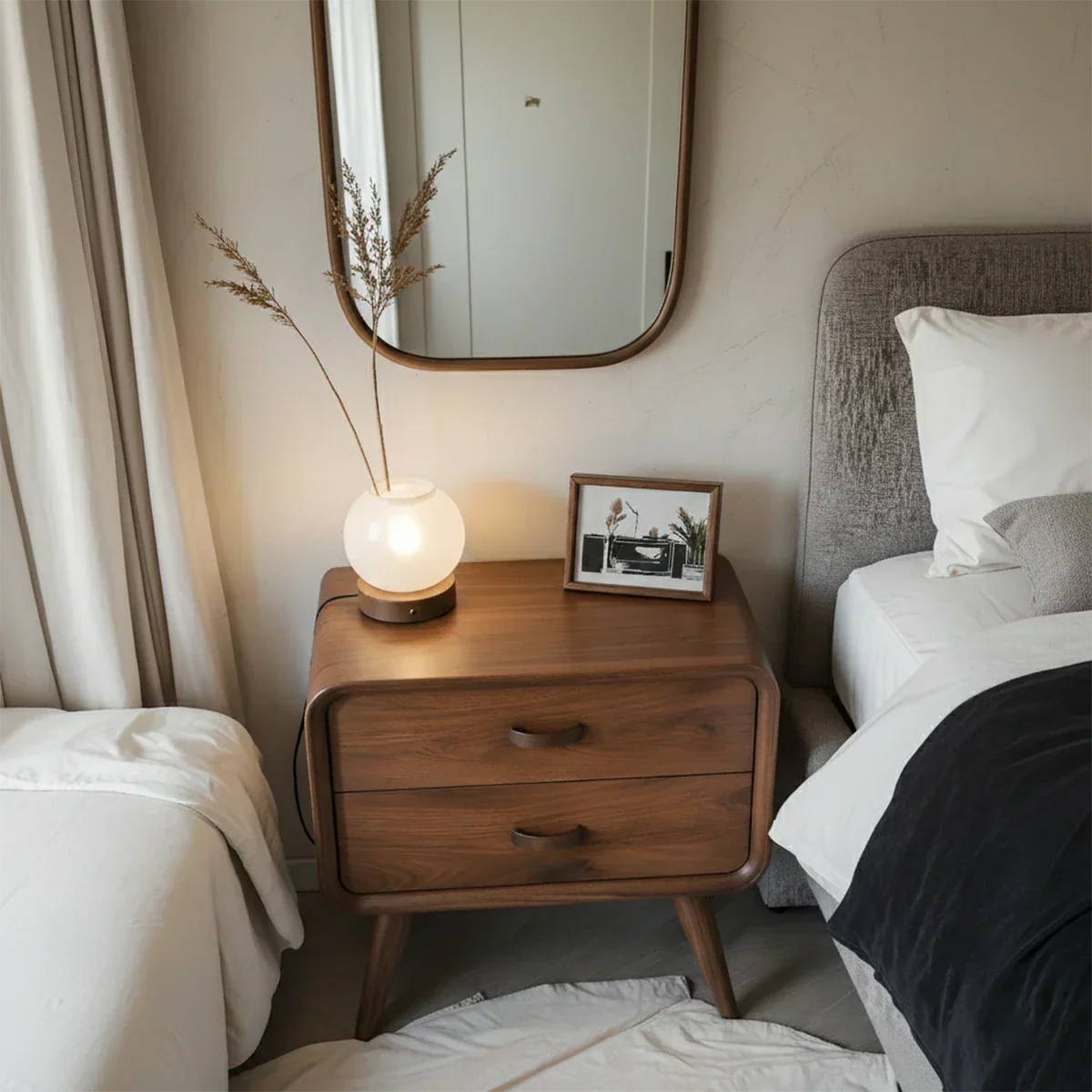 Solid Wood Mid-Century Nightstand with Two Drawers - Rustirawood