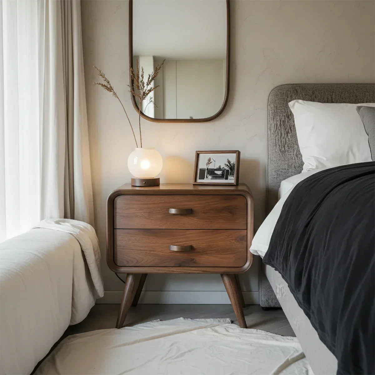 Solid Wood Mid-Century Nightstand with Two Drawers - Rustirawood
