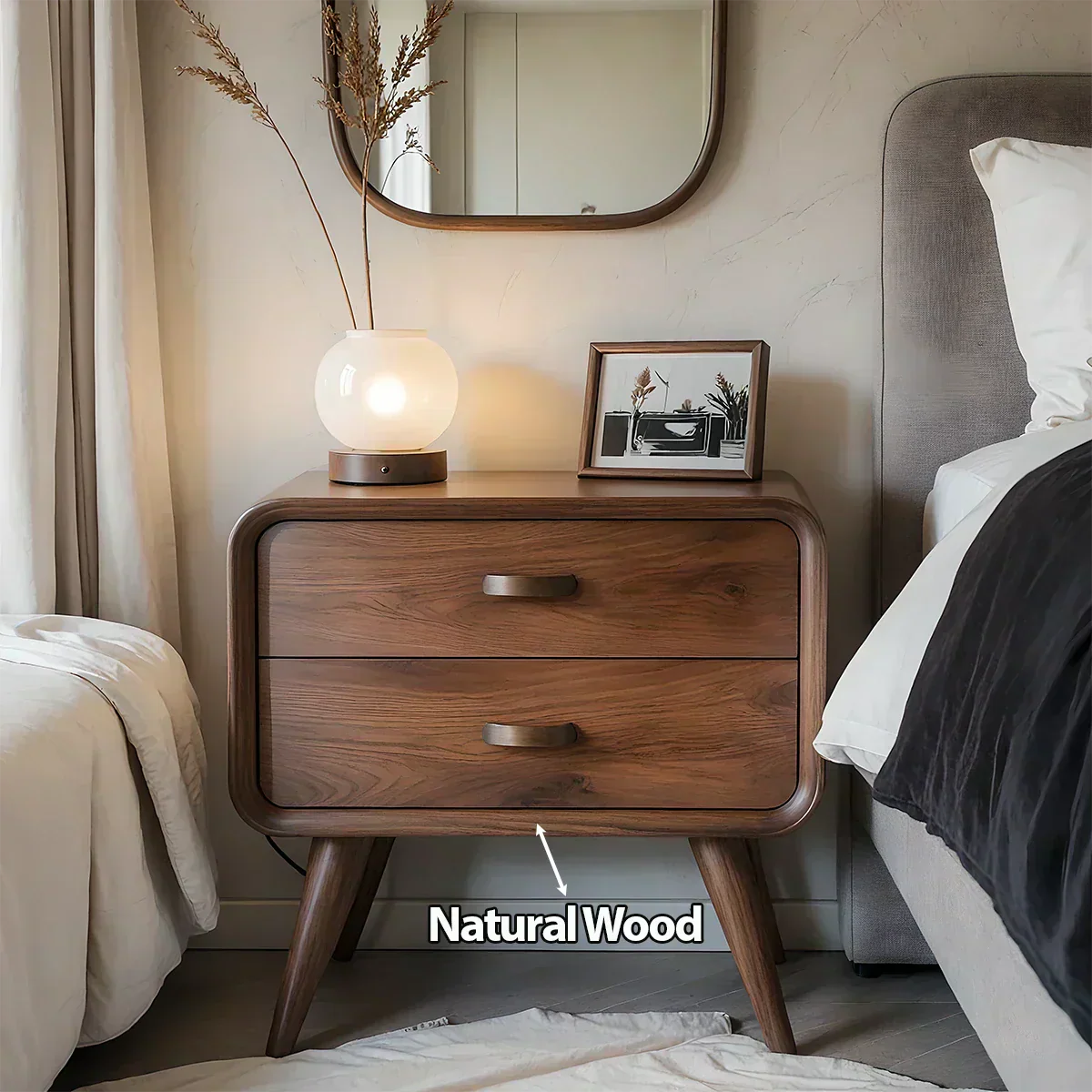 Solid Wood Mid-Century Nightstand with Two Drawers - Woodenecho