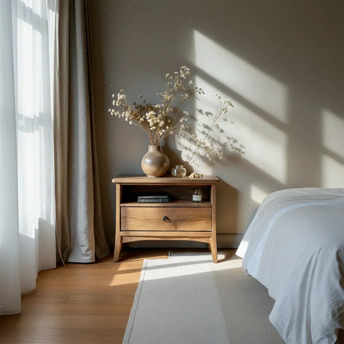 Solid Wood Minimalist Nightstand – Single Drawer & Open Shelf - Rustirawood