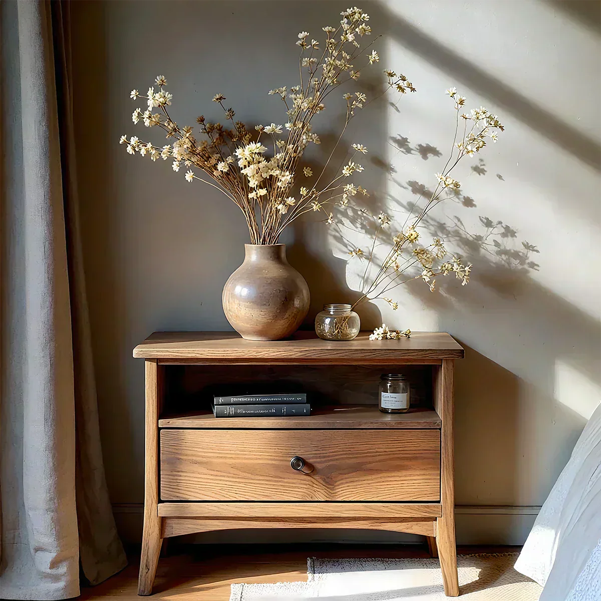 Solid Wood Minimalist Nightstand – Single Drawer & Open Shelf - Woodenecho