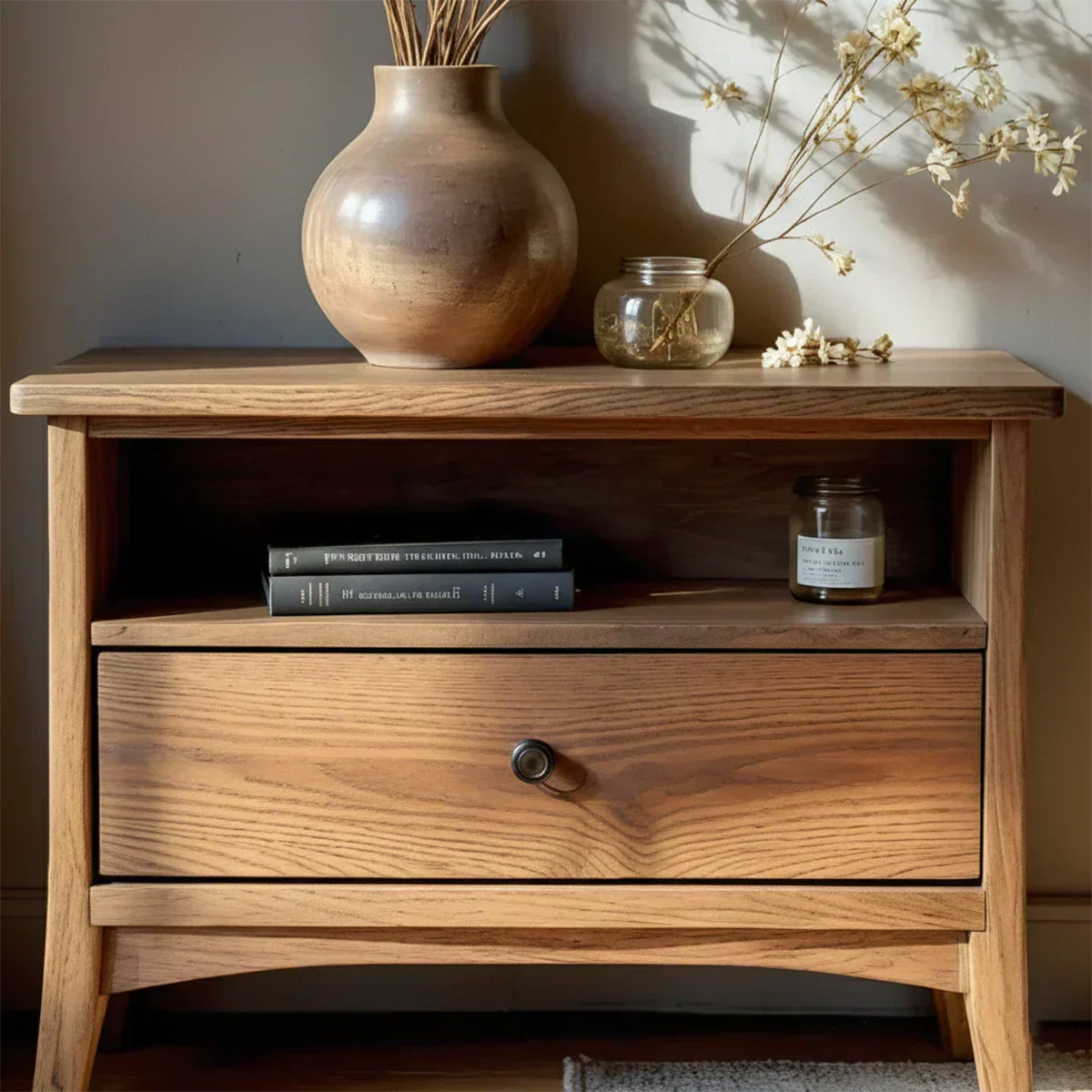 Solid Wood Minimalist Nightstand – Single Drawer & Open Shelf - Woodenecho