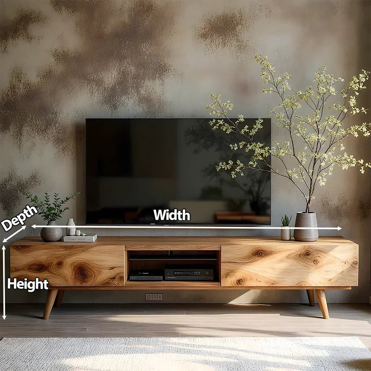 Solid Wood Modern TV Stand – Natural Finish Media Console - Rustirawood