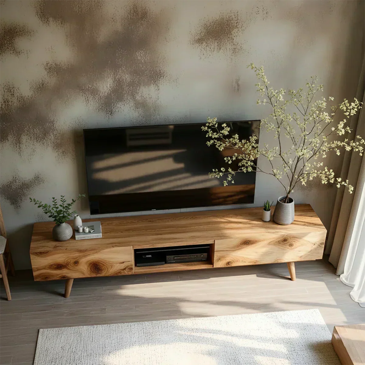 Solid Wood Modern TV Stand – Natural Finish Media Console - Woodenecho