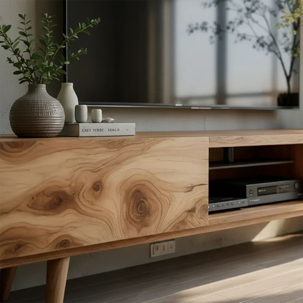 Solid Wood Modern TV Stand – Natural Finish Media Console - Woodenecho