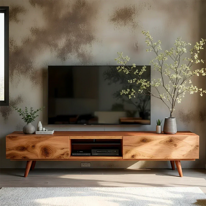Solid Wood Modern TV Stand – Natural Finish Media Console - Woodenecho