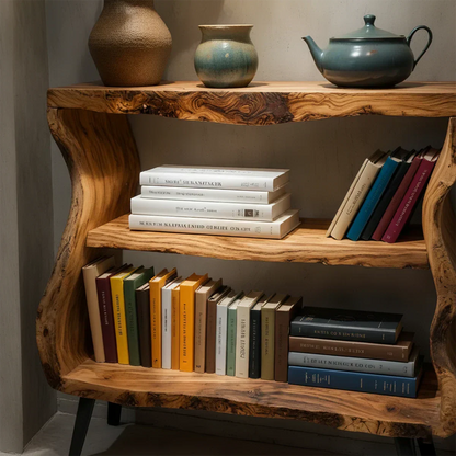 Solid Wood Nightstand – Curved Bookshelf Design - Rustirawood