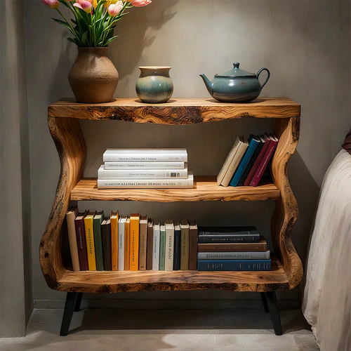 Solid Wood Nightstand – Curved Bookshelf Design - Woodenecho