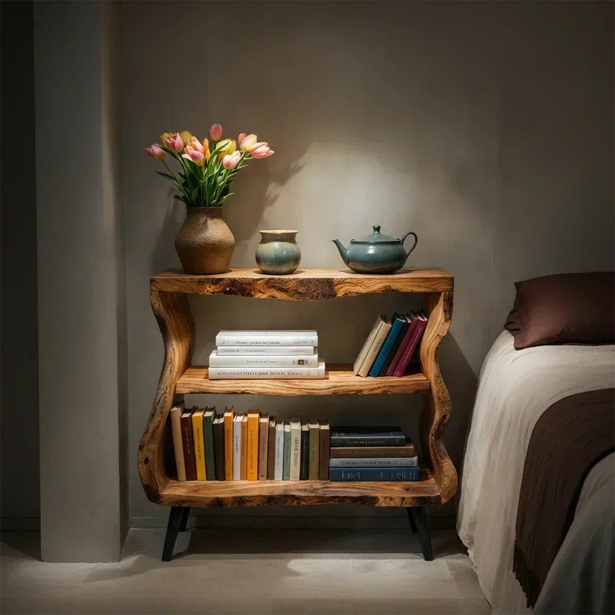 Solid Wood Nightstand – Curved Bookshelf Design - Woodenecho