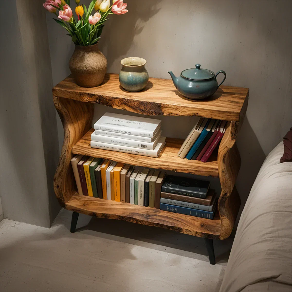 Solid Wood Nightstand – Curved Bookshelf Design - Woodenecho