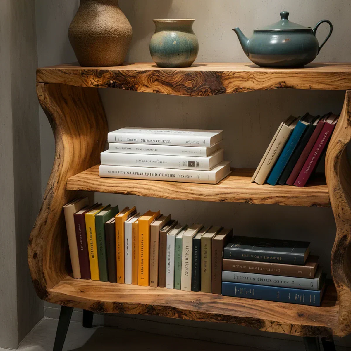 Solid Wood Nightstand – Curved Bookshelf Design - Woodenecho