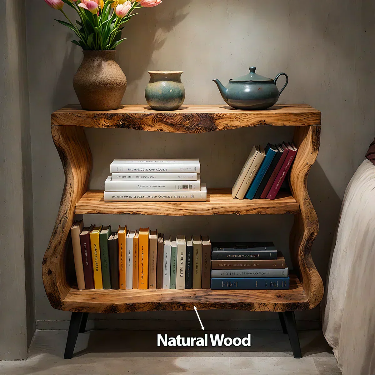 Solid Wood Nightstand – Curved Bookshelf Design - Woodenecho