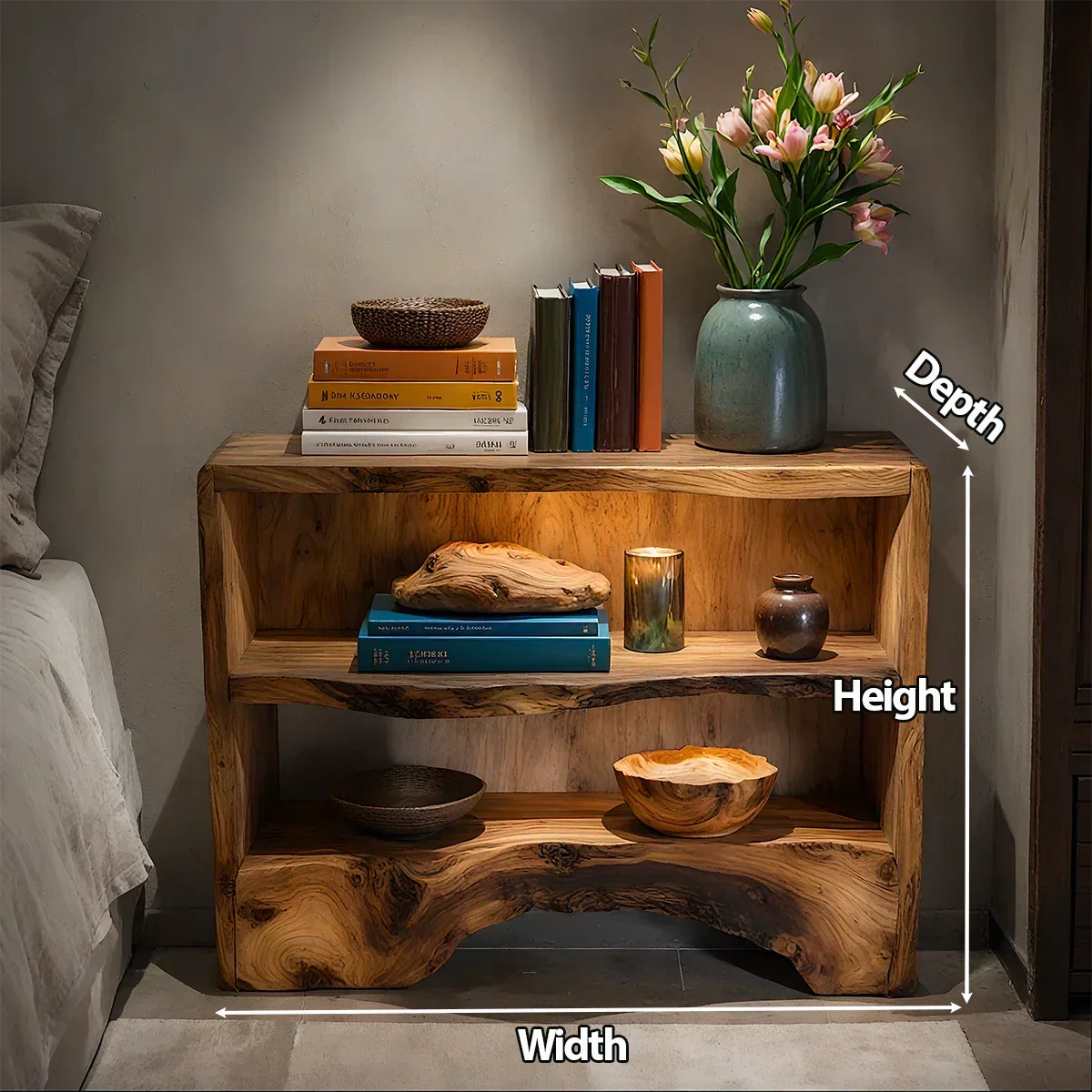Solid Wood Nightstand – Natural Flow Design - Rustirawood