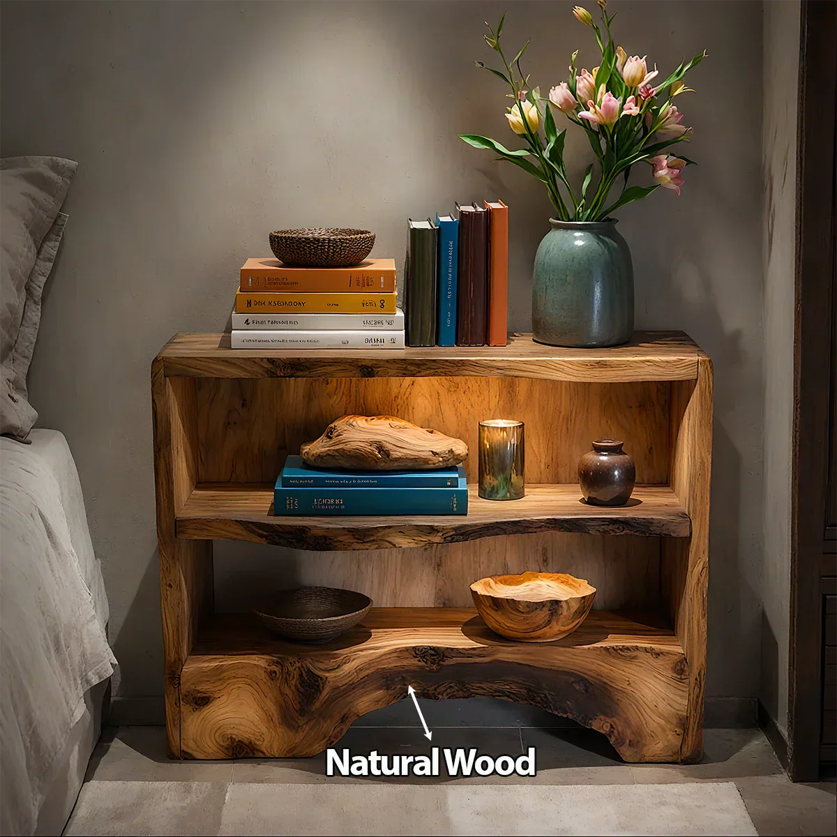 Solid Wood Nightstand – Natural Flow Design - Rustirawood