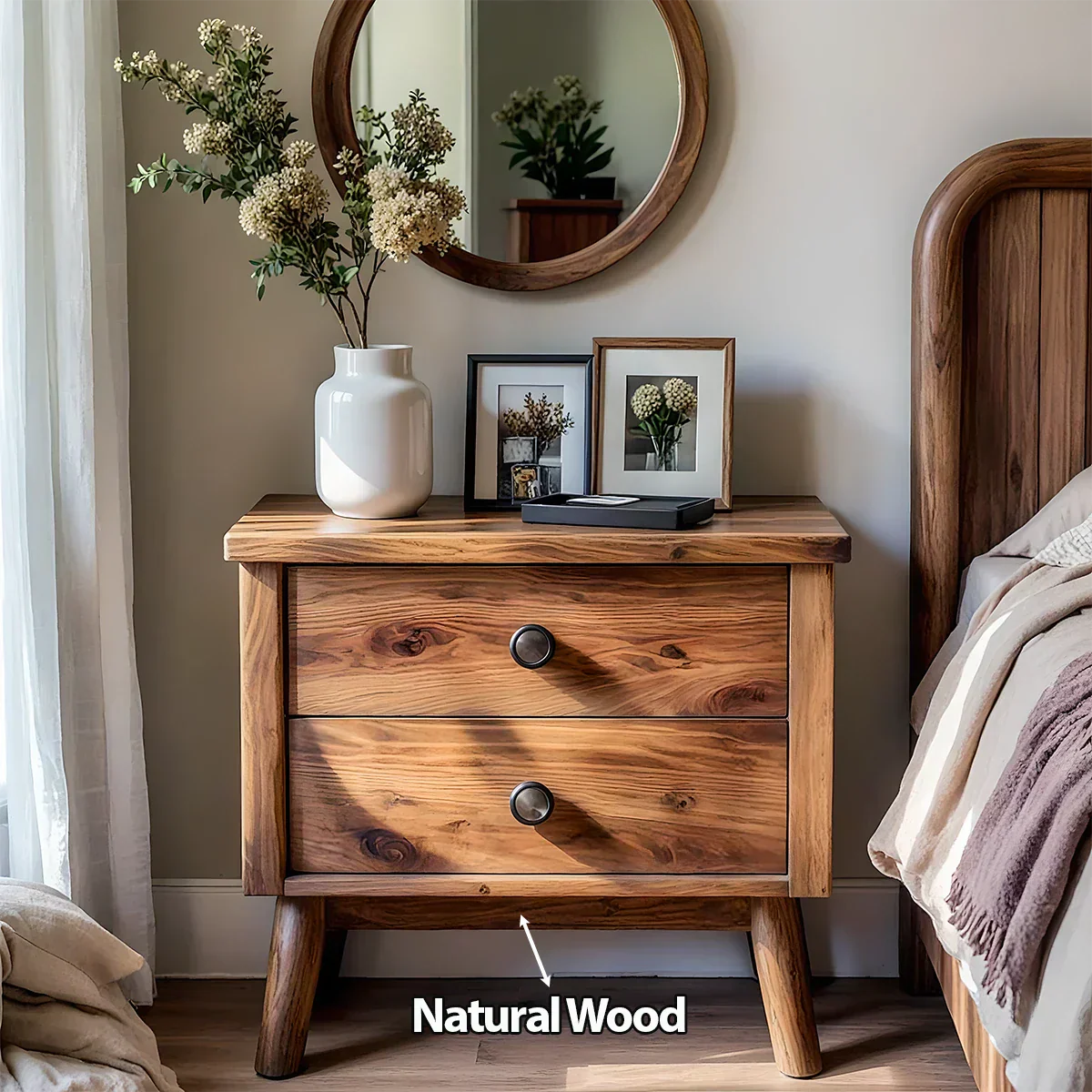 Solid Wood Scandinavian Nightstand – Two-Drawer Minimalist Design - Rustirawood