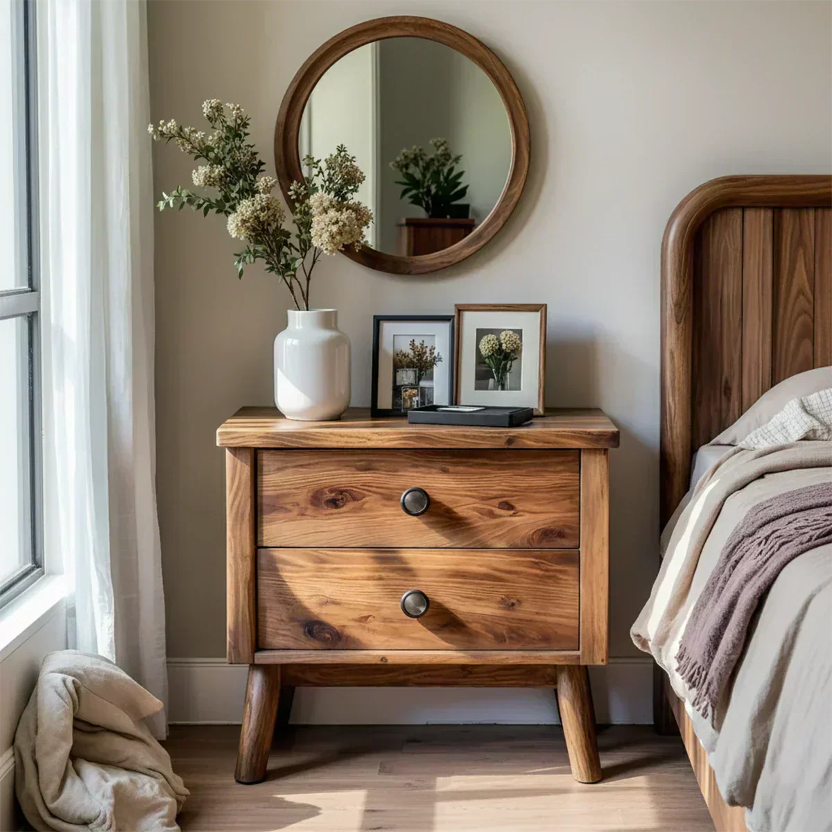 Solid Wood Scandinavian Nightstand – Two-Drawer Minimalist Design - Woodenecho