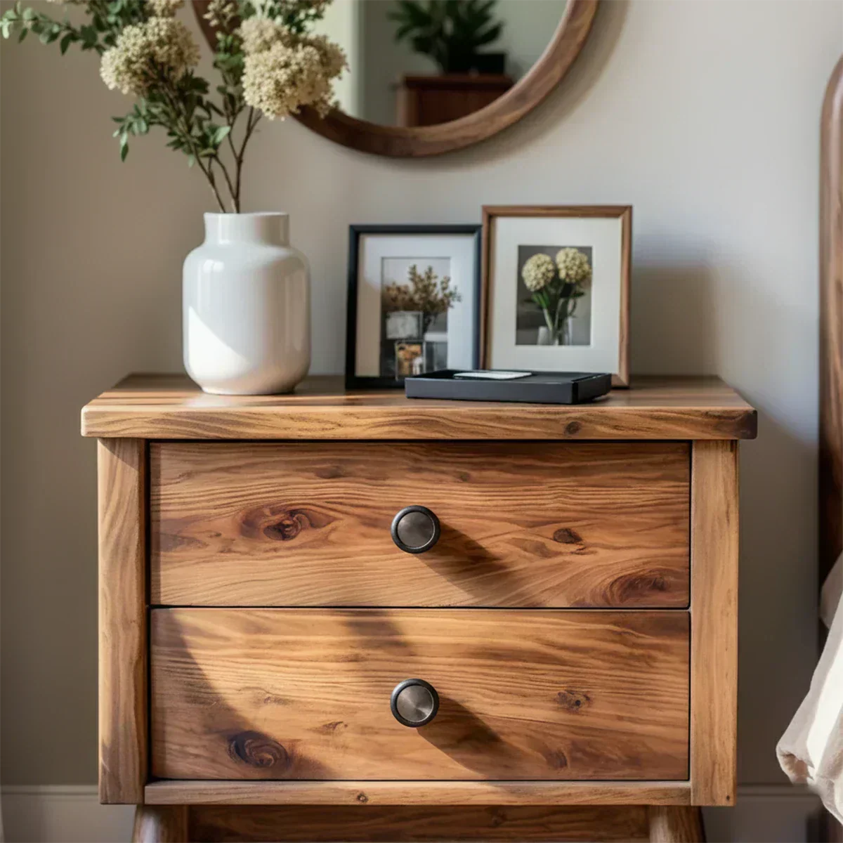 Solid Wood Scandinavian Nightstand – Two-Drawer Minimalist Design - Woodenecho