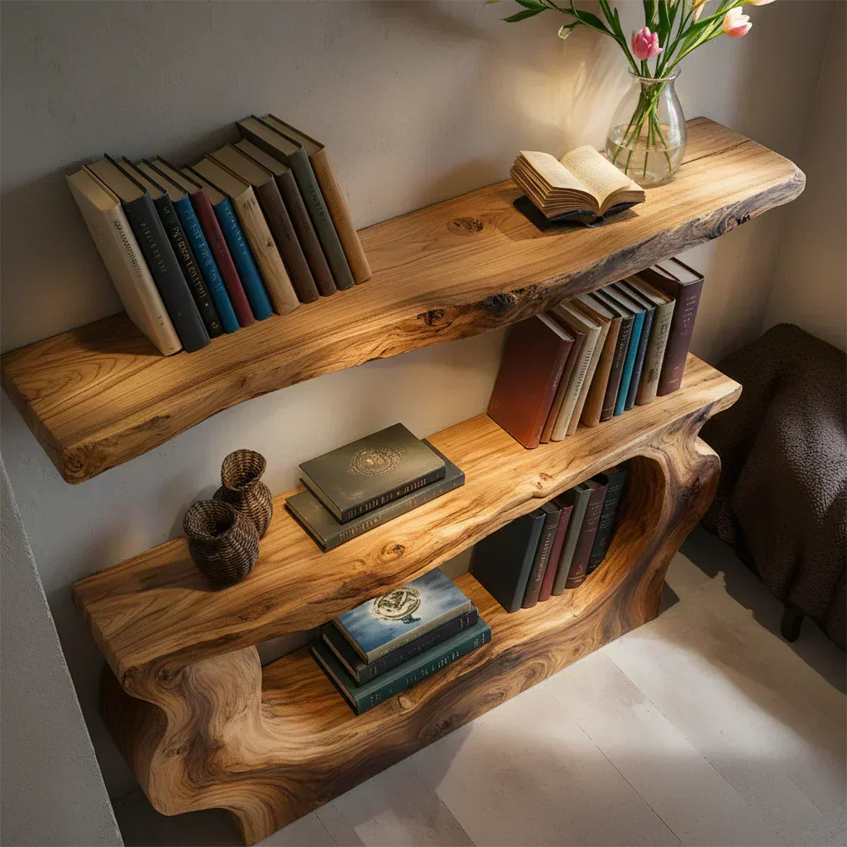 Solid Wood Sculptural Nightstand – Live-Edge Form - Woodenecho