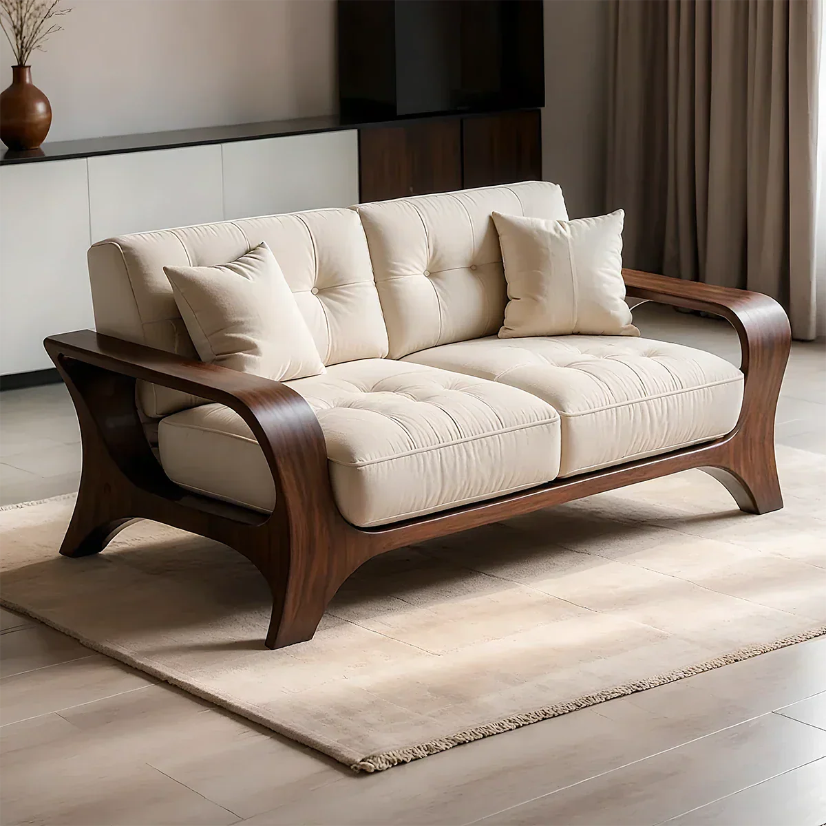 Solid Wood Sofa – Mid Century Curved Elegance Reborn - Rustirawood