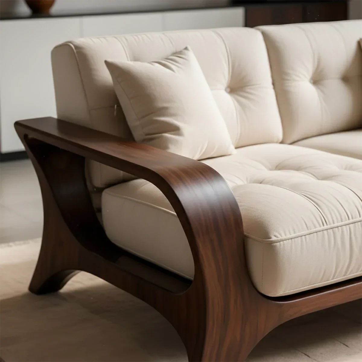 Solid Wood Sofa – Mid Century Curved Elegance Reborn - Rustirawood