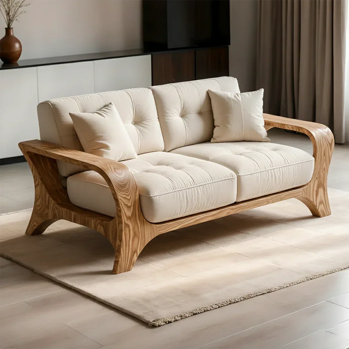 Solid Wood Sofa – Mid Century Curved Elegance Reborn - Rustirawood