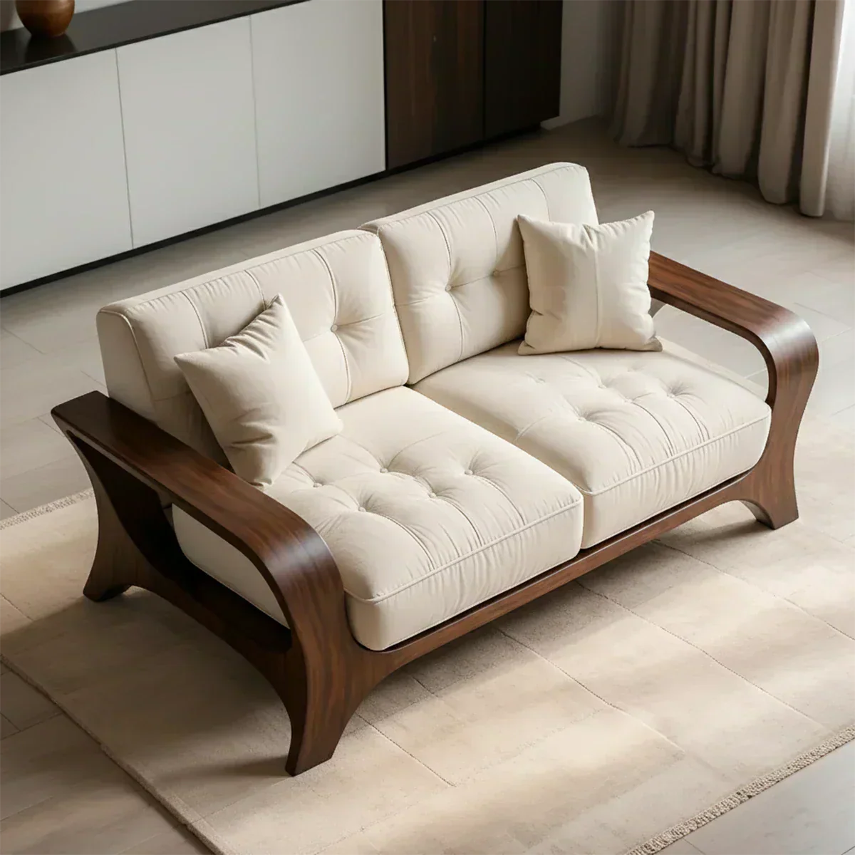 Solid Wood Sofa – Mid Century Curved Elegance Reborn - Woodenecho