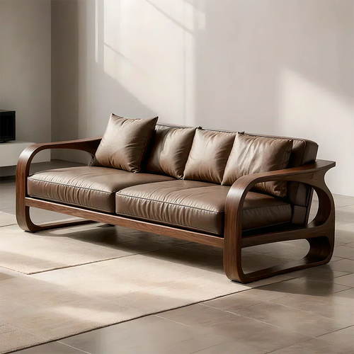 Solid Wood Sofa – Modern Leather Elegance - Woodenecho