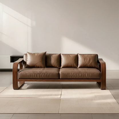 Solid Wood Sofa – Modern Leather Elegance - Woodenecho
