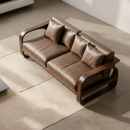 Solid Wood Sofa – Modern Leather Elegance - Woodenecho