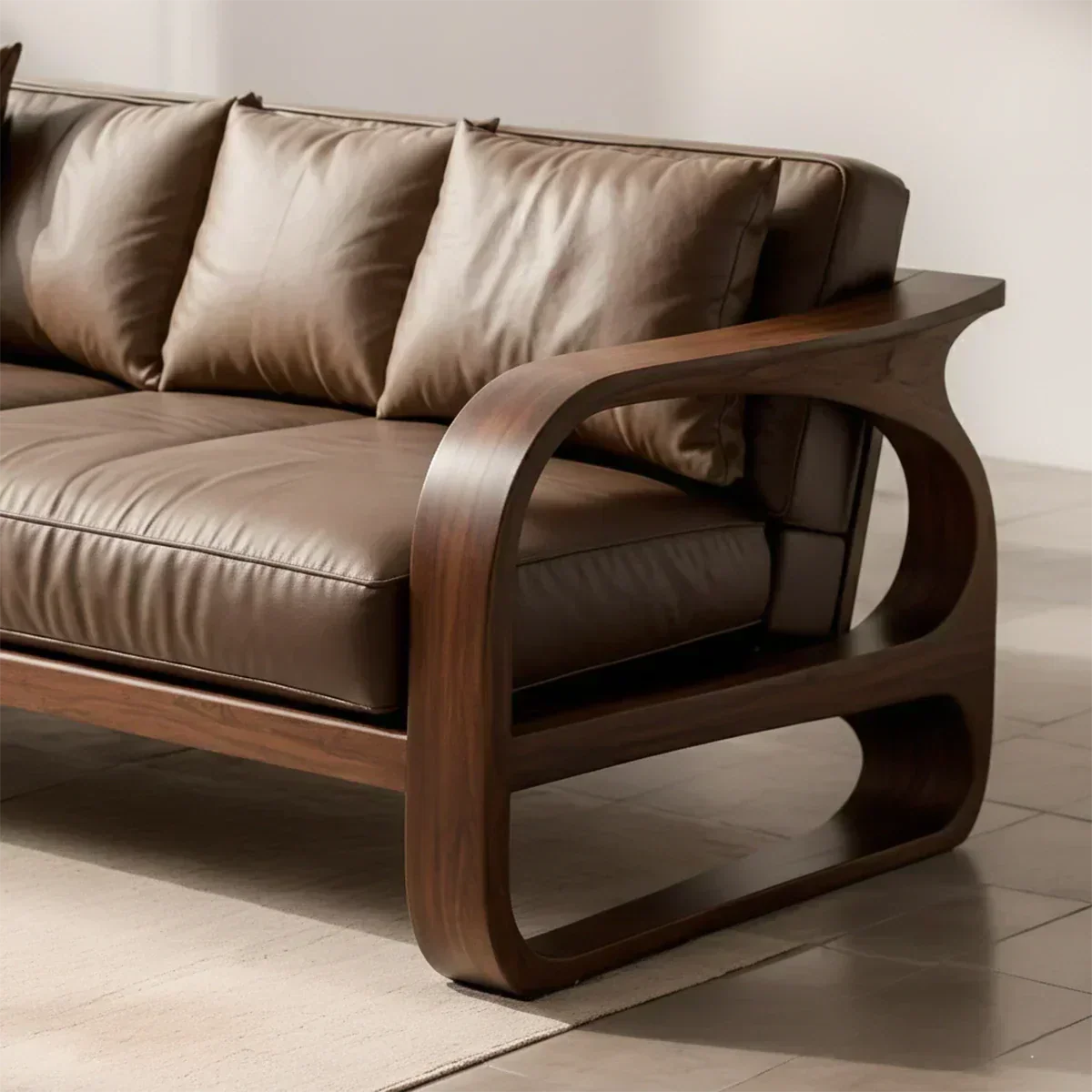 Solid Wood Sofa – Modern Leather Elegance - Woodenecho