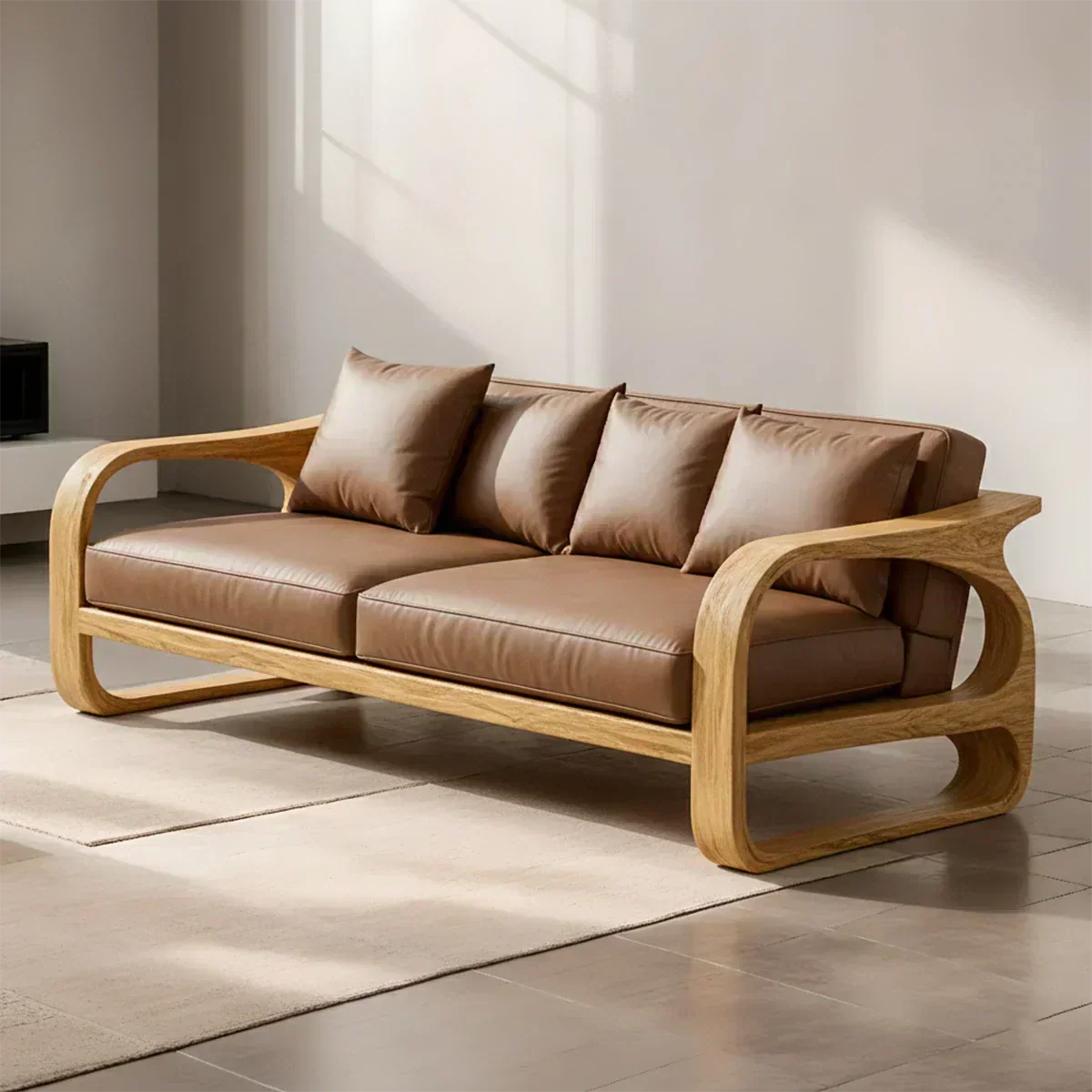 Solid Wood Sofa – Modern Leather Elegance - Woodenecho