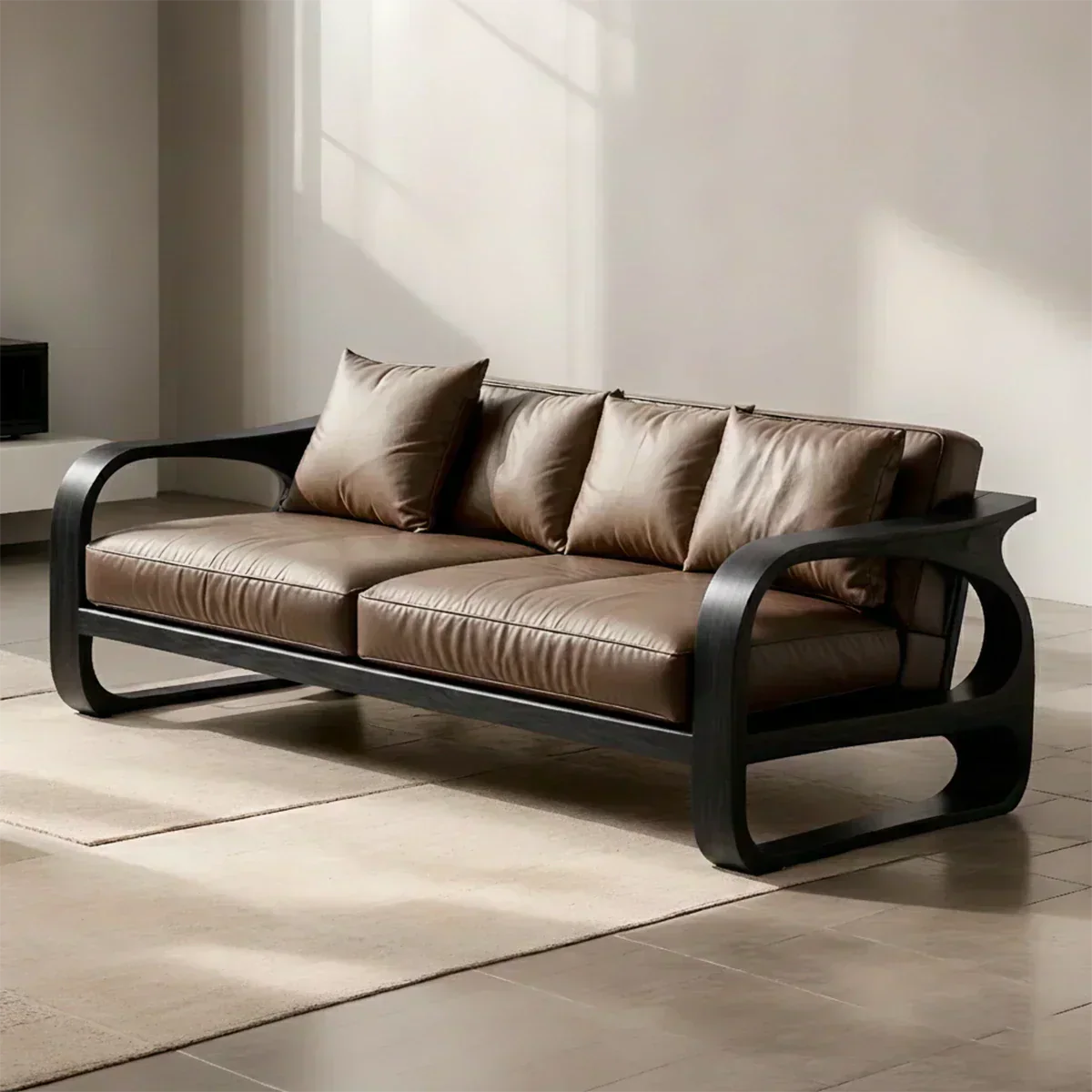 Solid Wood Sofa – Modern Leather Elegance - Woodenecho