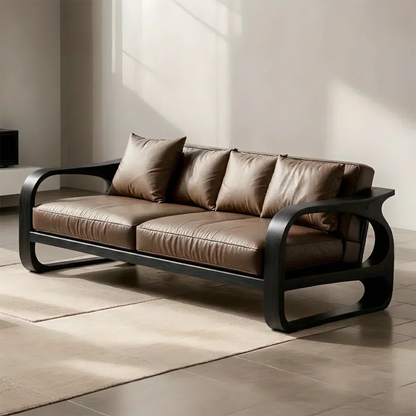 Solid Wood Sofa – Modern Leather Elegance - Woodenecho