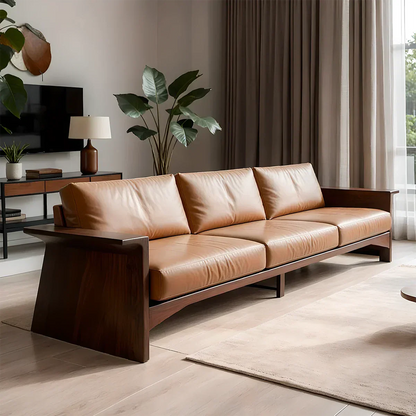 Solid Wood Sofa – Modern Warm Leather Harmony - Rustirawood