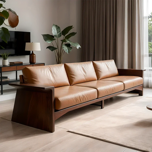 Solid Wood Sofa – Modern Warm Leather Harmony - Rustirawood