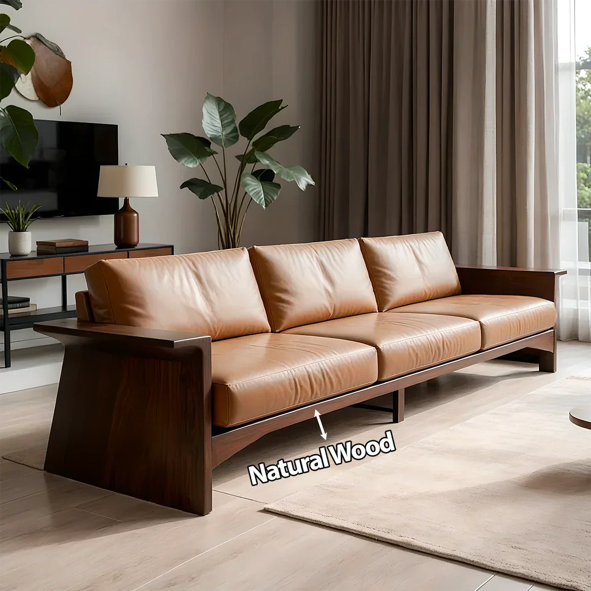 Solid Wood Sofa – Modern Warm Leather Harmony - Rustirawood