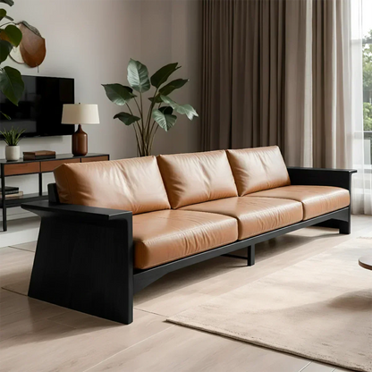 Solid Wood Sofa – Modern Warm Leather Harmony - Rustirawood