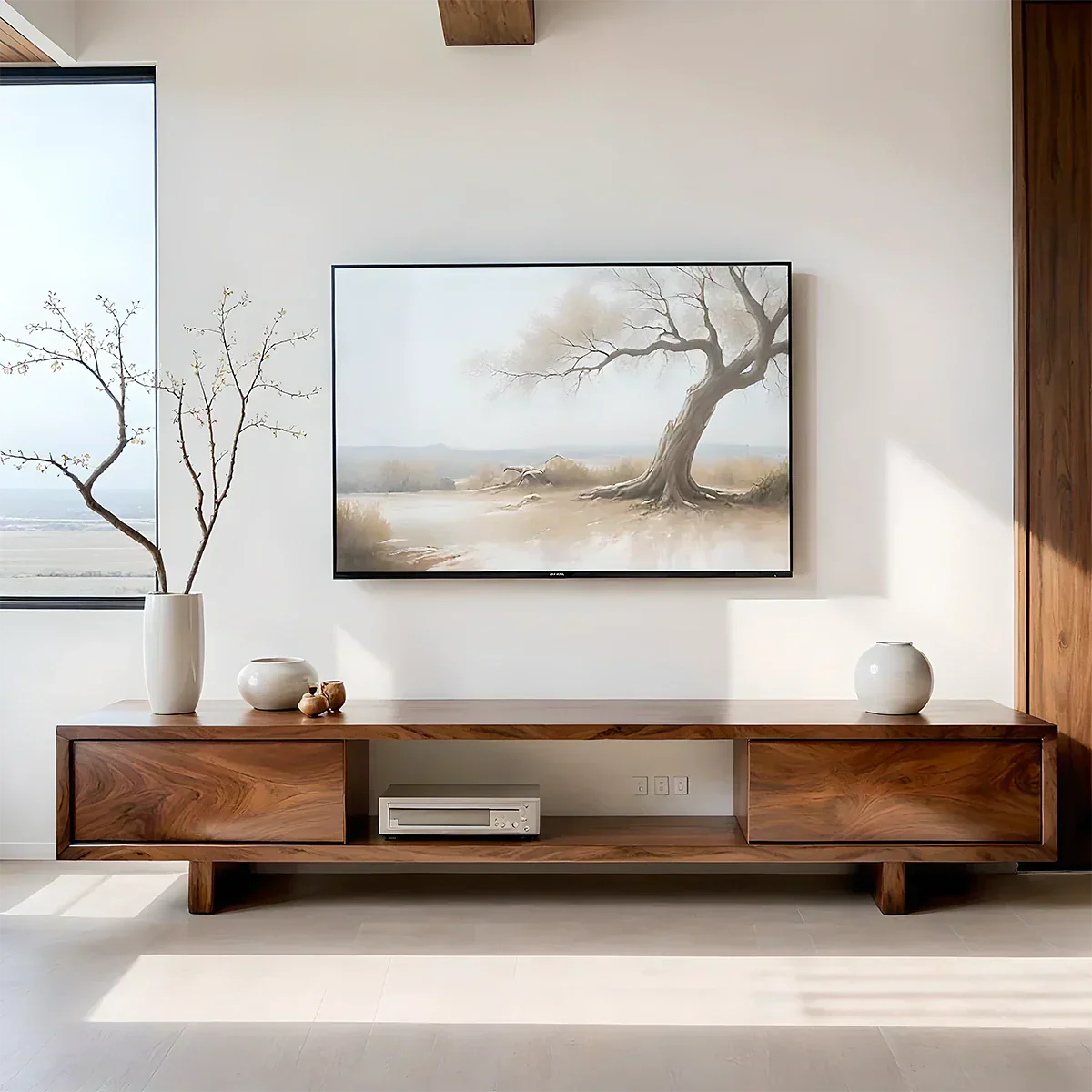 Solid Wood TV Stand – Minimalist Linear Console - Rustirawood