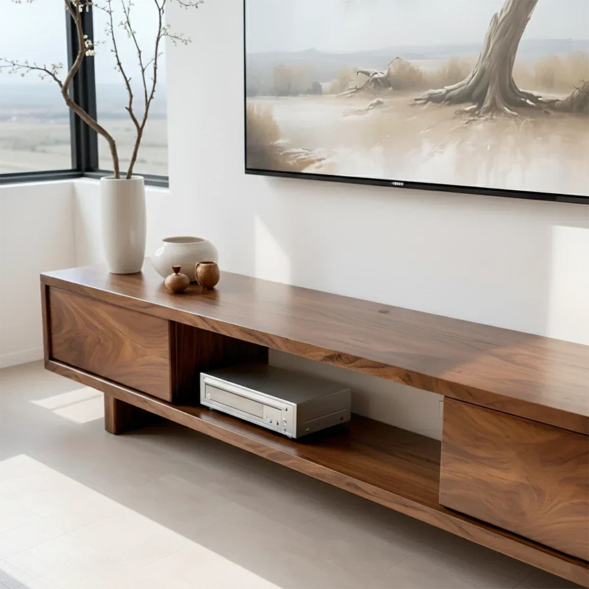 Solid Wood TV Stand – Minimalist Linear Console - Rustirawood
