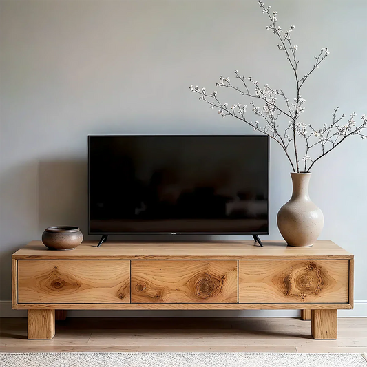 Solid Wood TV Stand – Minimalist Wabi Sabi Media Console with Natural Finish - Rustirawood